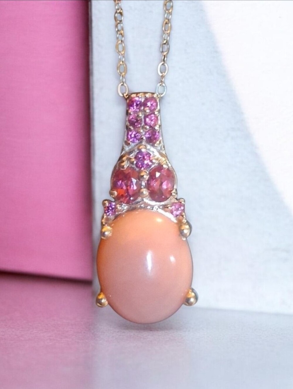 Peruvian Pink Opal & Orissa Rholdalite Garnet Sterling Silver Pendant Necklace